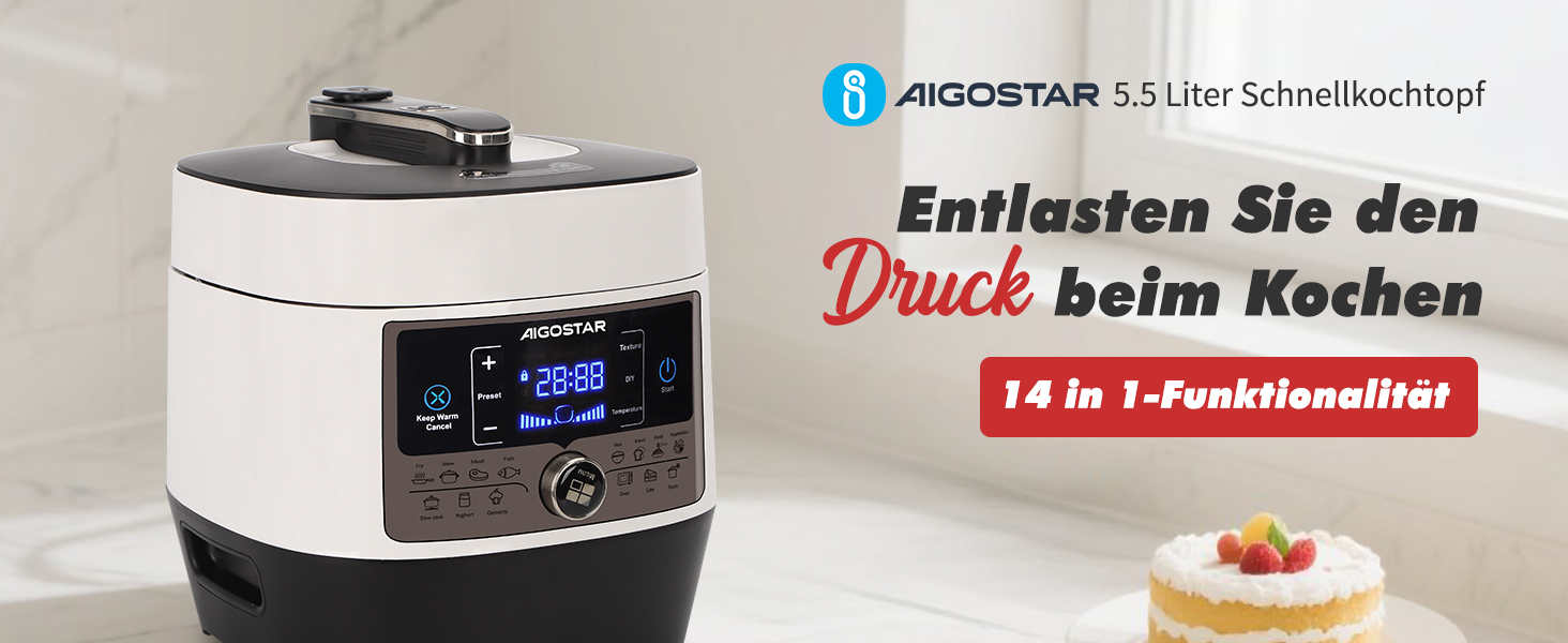 Мультиварка Aigostar Panda 5.5л, 7-в-1, 14 програм, LED-дисплей, 1000W, антипригарне покриття