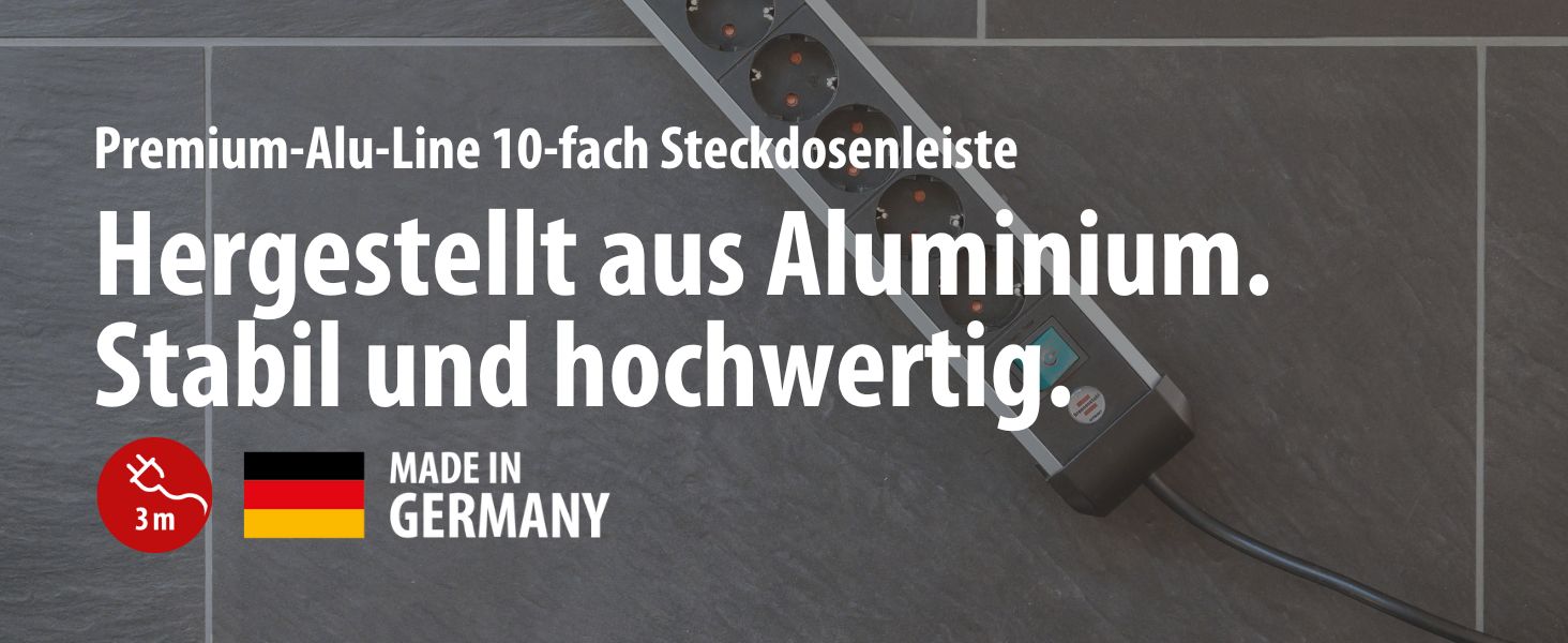 Бренненштуль Розподільник розеток Premium-Alu Line 10 розеток з вимикачем, 3м кабель, Алюміній, Made in Germany