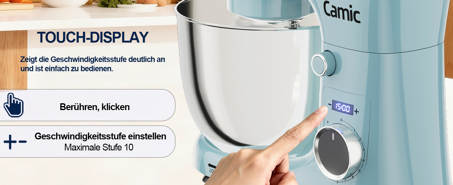 Кухонний комбайн-міксер Camic з LED-дисплеєм, 10 швидкостями та 2 чашами з нержавіючої сталі (4Л та 5Л), набір з 3 аксесуарів для тіста, хліба та тортів, синій