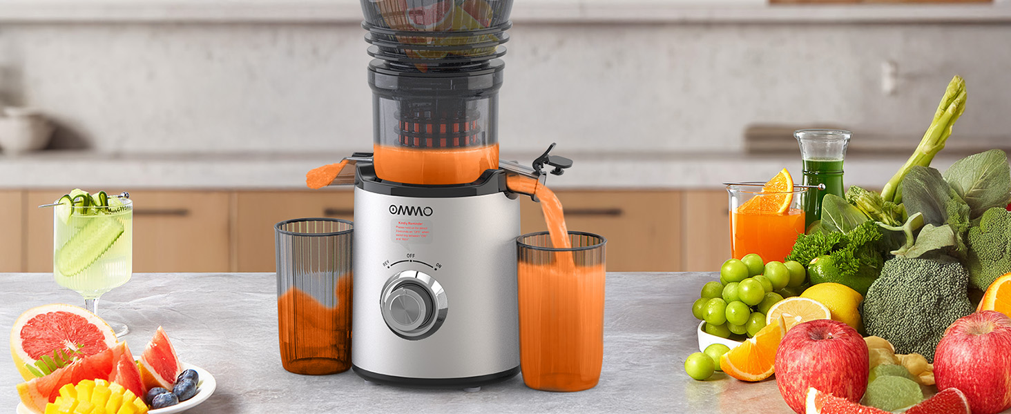 Шнекова соковижималка OMMO Slow Juicer для овочів та фруктів, 300 Вт, срібляста