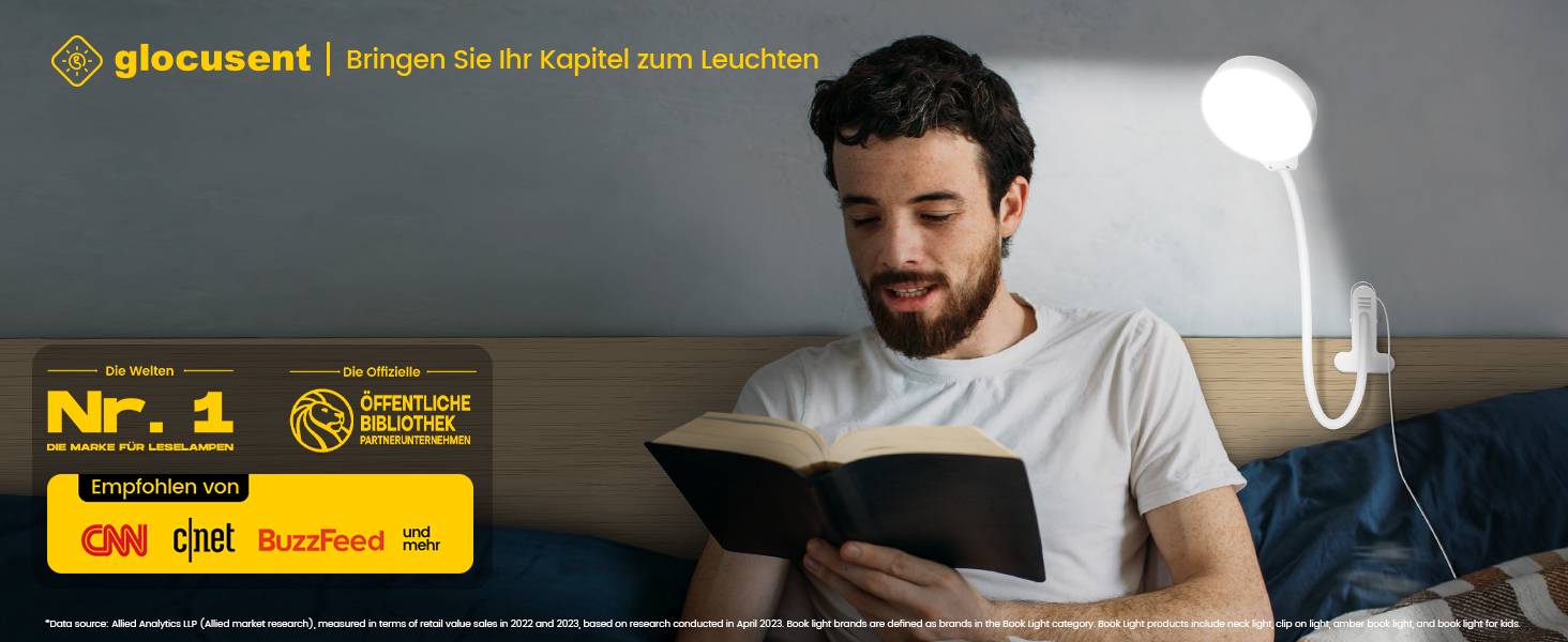 Glocusent 5W LED Лампа для читання на ліжко, кліпса, 3 кольори/5 рівнів яскравості, гнучкий тримач, CRI 90, USB зарядка (біла)