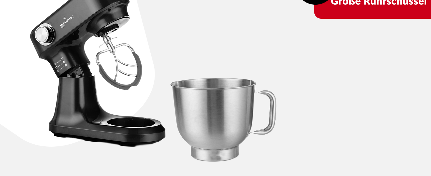 Кухонний комбайн-міксер LEHMANN з набором аксесуарів, 1500 Вт, 12 швидкостей, чаша 5 л, захист від перегріву, планетарний міксер з 3 насадками та захистом від бризок, чорний