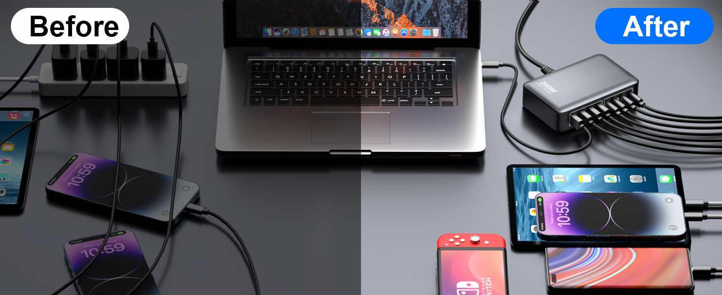 Зарядний пристрій USB-C 200W, 8 портів GaN, швидка зарядка PD 65W для ноутбука MacBook/Dell/Steam Deck, iPhone 17/16/15/14, Galaxy S24/S23 (чорний)