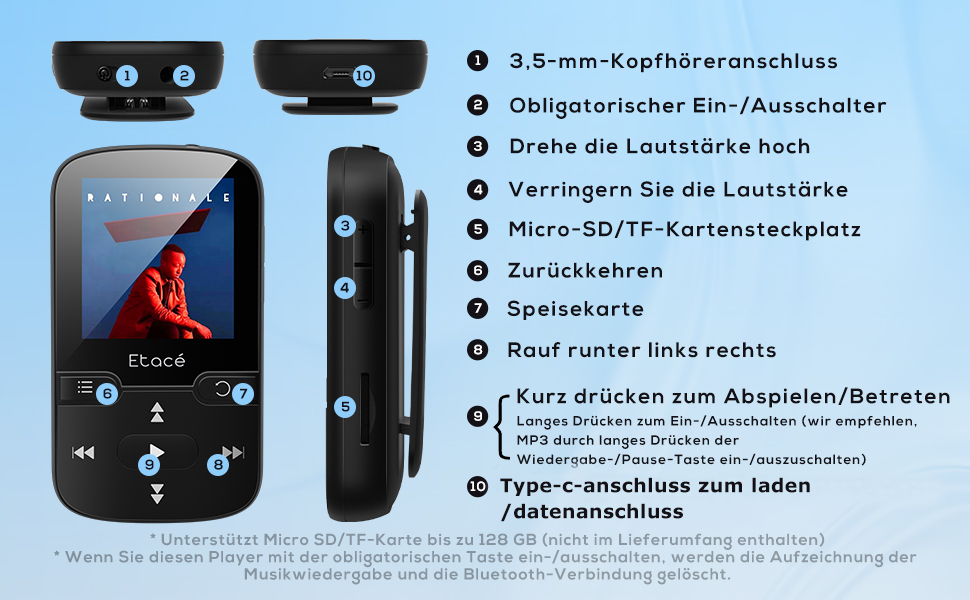 MP3 плеєр Bluetooth 5.3 16GB, Радіо, E-Book, Крокомір, Диктофон, Підтримка MicroSD до 128GB (Чорний)