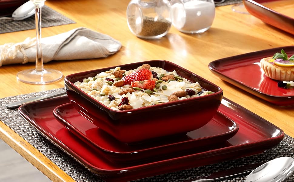 Набір посуду Lovelasa Vibri, 32 елементи, квадратний, кераміка, на 4 особи | Тарілки, чашки, десертні тарілки, миски (червоний)