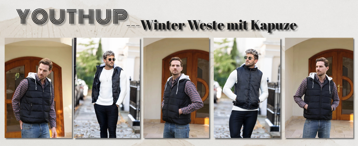 Чоловіча степкова жилетка YOUTHUP з капюшоном, тепла зимова жилетка для активного відпочинку, чорна, розмір XL