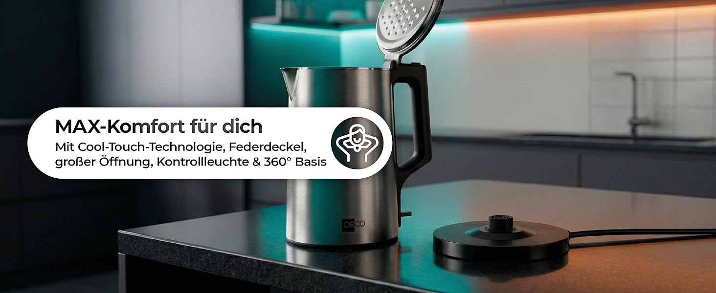 Електричний чайник Aeco AQA NEO з нержавіючої сталі, 1.7 л, 2150 Вт, без BPA, фільтр від накипу, бездротовий, CoolTouch, шампань сріблястий