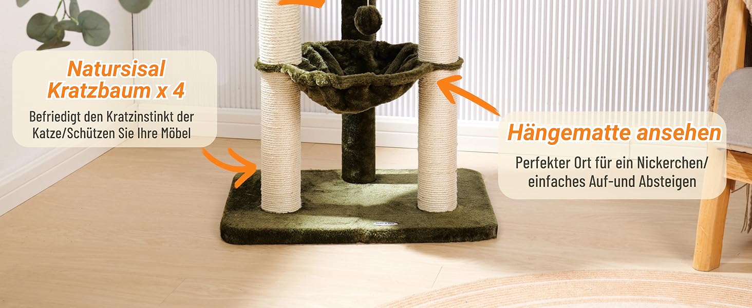 Драбина-кіготь для котів Happi N Pets 71 см, зелена: стабільна, з ліжком та гамаком, обтягнута сизалем