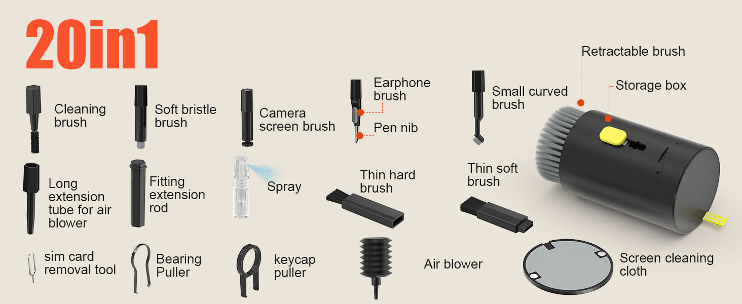 Набір для чищення клавіатури та екрану 20 в 1: очищувач екрану, щітка для клавіатури, для ноутбука, планшета, комп'ютера, монітора, камери (чорний)