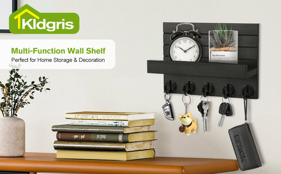 Дерев'яне ключниця на стіну з полицею, чорний колір, 5 гачків, для прихожої, спальні, вітальні