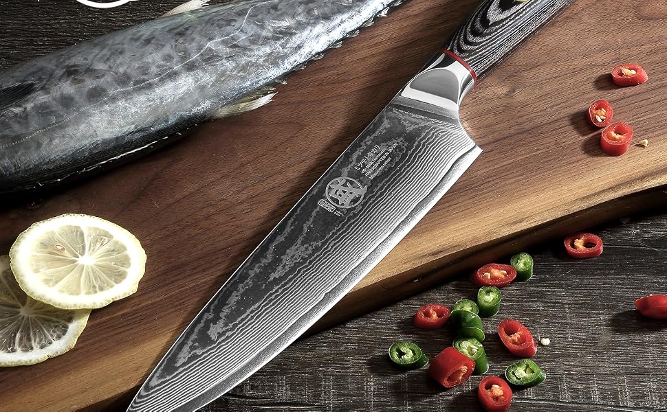 Ніж кухарський Mitsumoto Sakari Gyuto 20 см, AUS-10 Дамаст, ручка з пакавуду, в подарунковій дерев'яній коробці
