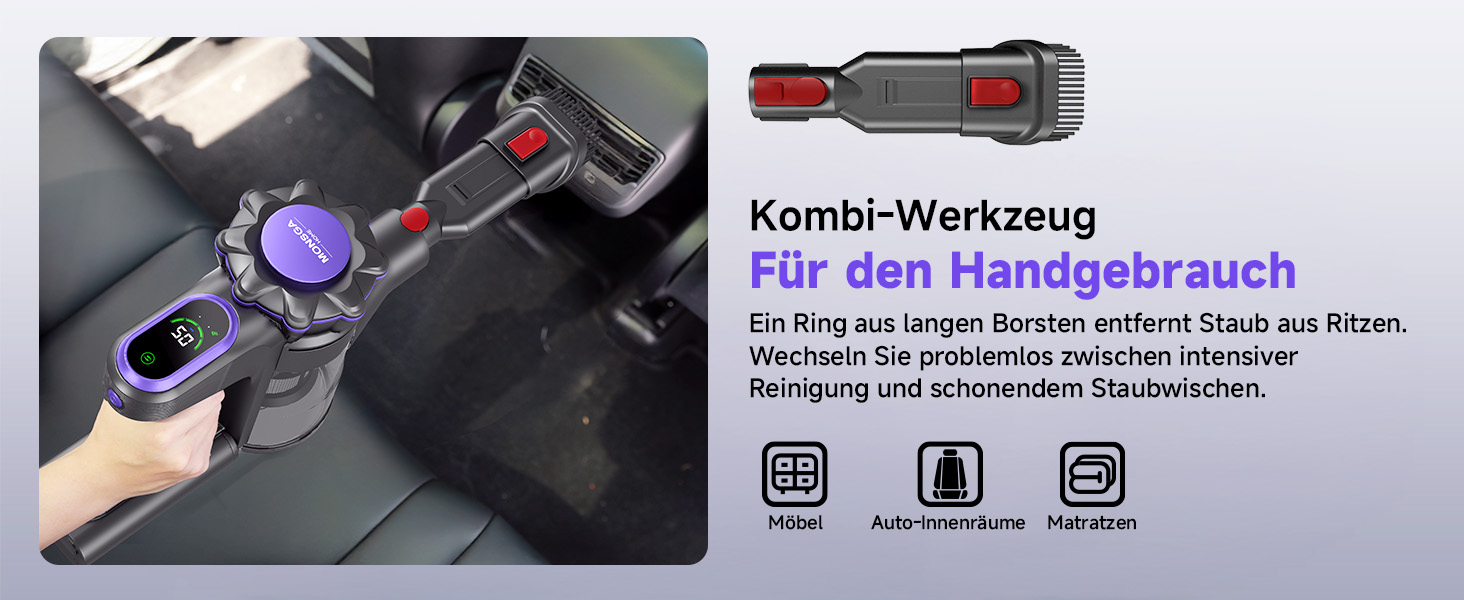 MONSGA Бездротовий акумуляторний пилосос з дисплеєм, 45000Pa, 50 хвилин роботи, антизаплутана щітка, самостійна парковка, док-станція на стіні, 8-шарова фільтрація, безщітковий двигун, для твердих поверхонь, килимів, шерсті тварин, авто