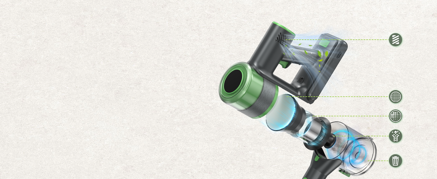 Акумуляторний пилосос 30000 Па, бездротовий пилосос з часом роботи 60 хв, тихий акумуляторний пилосос з LED-дисплеєм/антизаплутувальною насадкою, 450 Вт ручний пилосос для твердих поверхонь, килимів та шерсті тварин