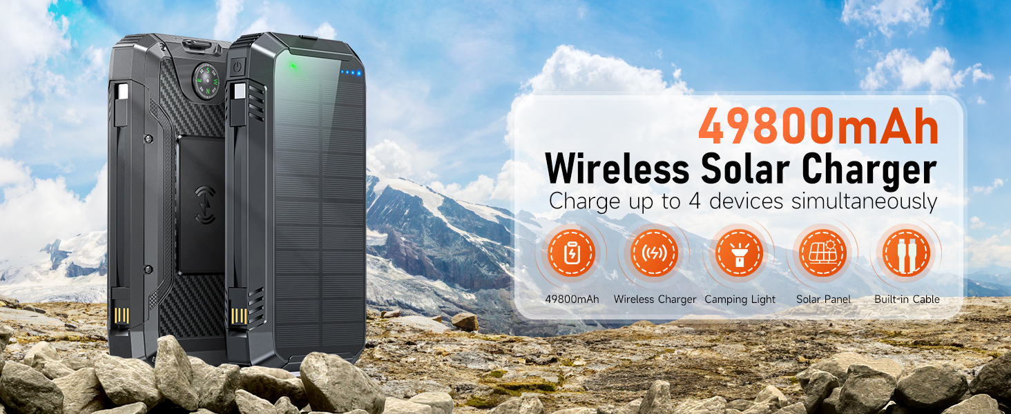 Портативний зарядний акумулятор Solar Powerbank 49800mAh з сонячною панеллю, PD 30W, USB-C, бездротова зарядка 15W, LED-індикатор, ліхтарик, 4 виходи, 2 входи, чорний