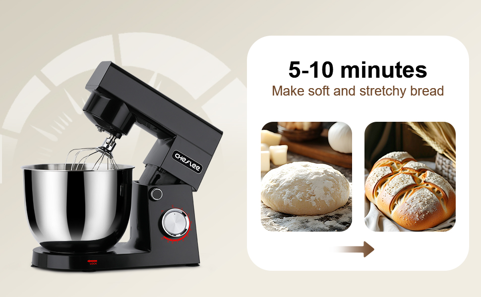 Кухонна машина Cheflee 1500W з чашами 4.5L та 5.5L з нержавіючої сталі, 10+ швидкостей, міксер з гаками для тіста та вінчиком, сплеск-захист (Чорний)