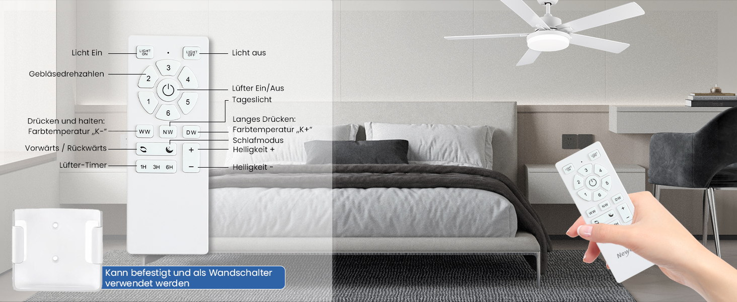 Стеляний вентилятор Newday 153 см з підсвіткою та пультом керування, 5 лопатей, DC мотор, реверс, пам'ять, регулювання яскравості (білий)