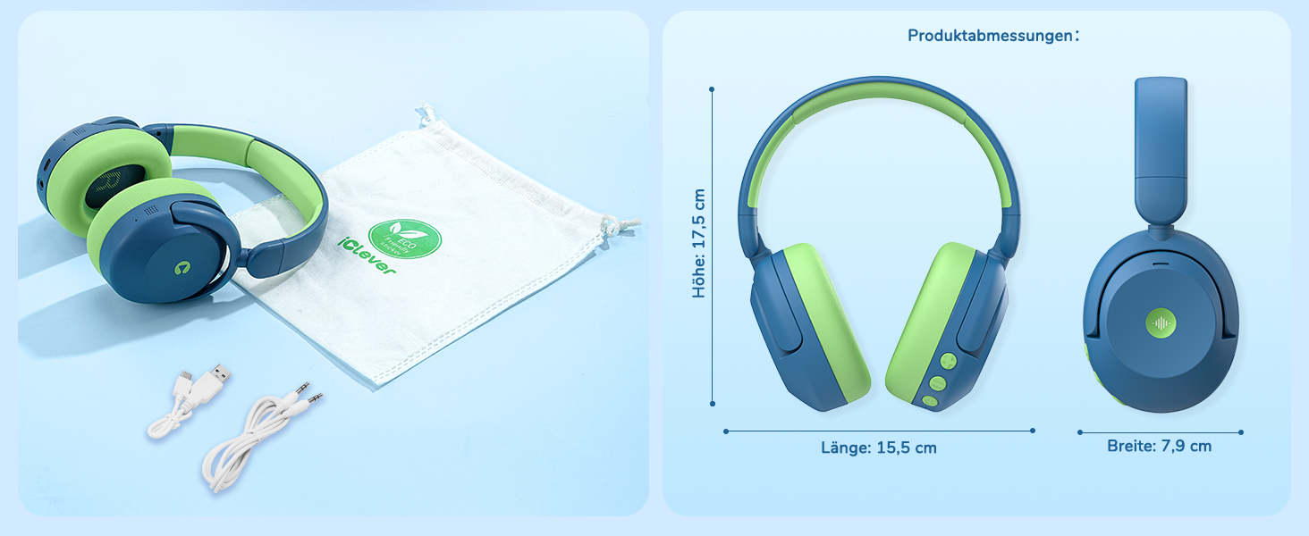 iClever Бездротові навушники з шумозаглушенням для дітей Bluetooth, 60 годин роботи, 80дБ безпечний рівень гучності, зручна посадка, Bluetooth 5.4, AUX кабель для подорожей, білий, зелений, блакитний