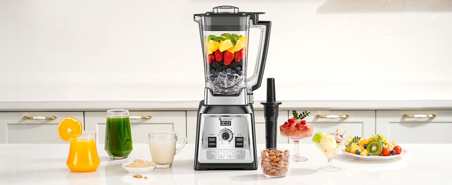 AMZCHEF 2000W Stand Mixer - 2L High-Power Blender with 8 Speeds & 4 Pre-Programs (Crushed Ice, Smoothies, Meat Mixing) - BPA-Free Black