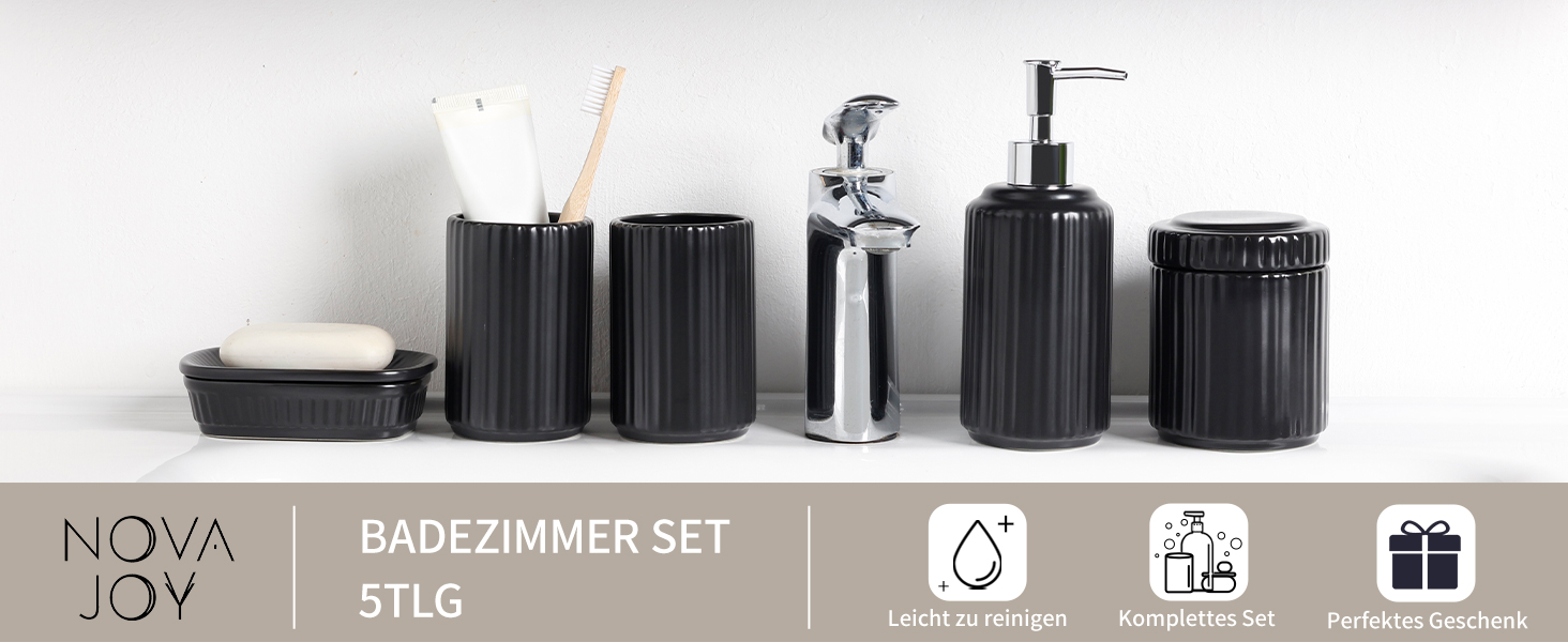 Набір для ванної кімнати NOVAJOY (5 шт.) з кераміки: органайзер, дозатор мила, мильниця, тримач для зубних щіток, контейнер для ватних паличок. Чорний колір.