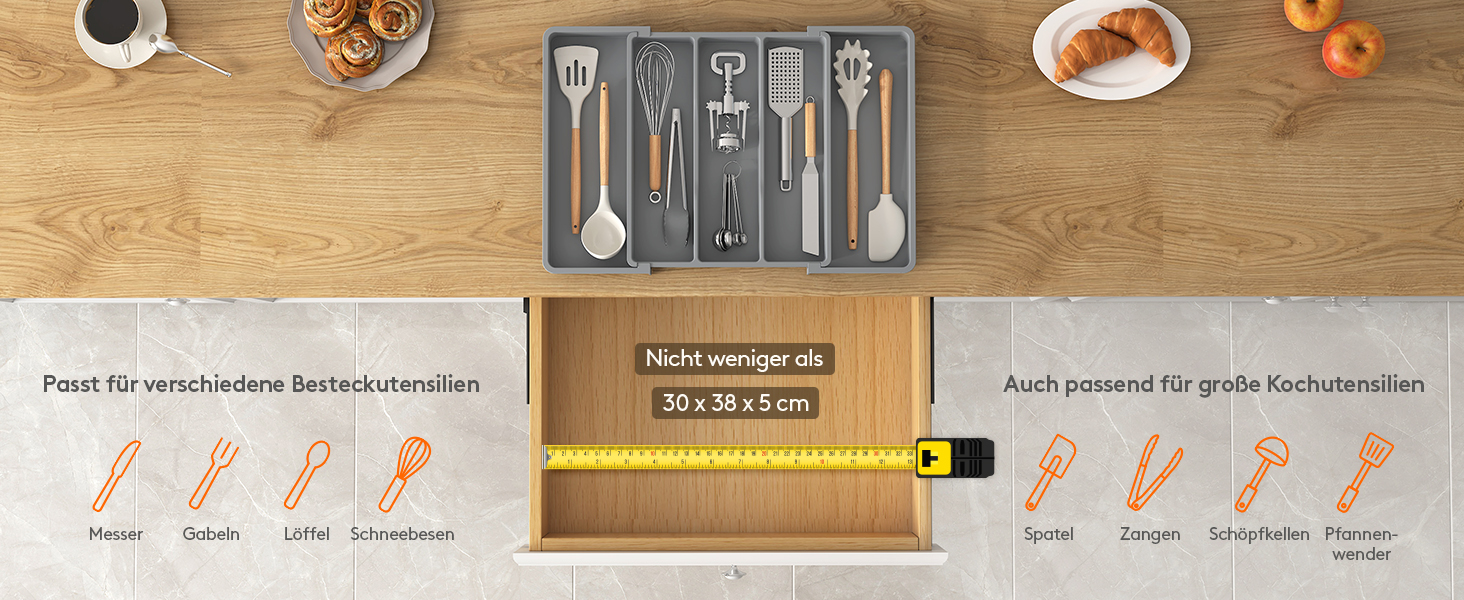 Органайзер для столових приборів Lifewit в шухляду, розширюваний 33-57 см, сірий - пластиковий тримач для ножів, виделок, кухонний органайзер 38 см