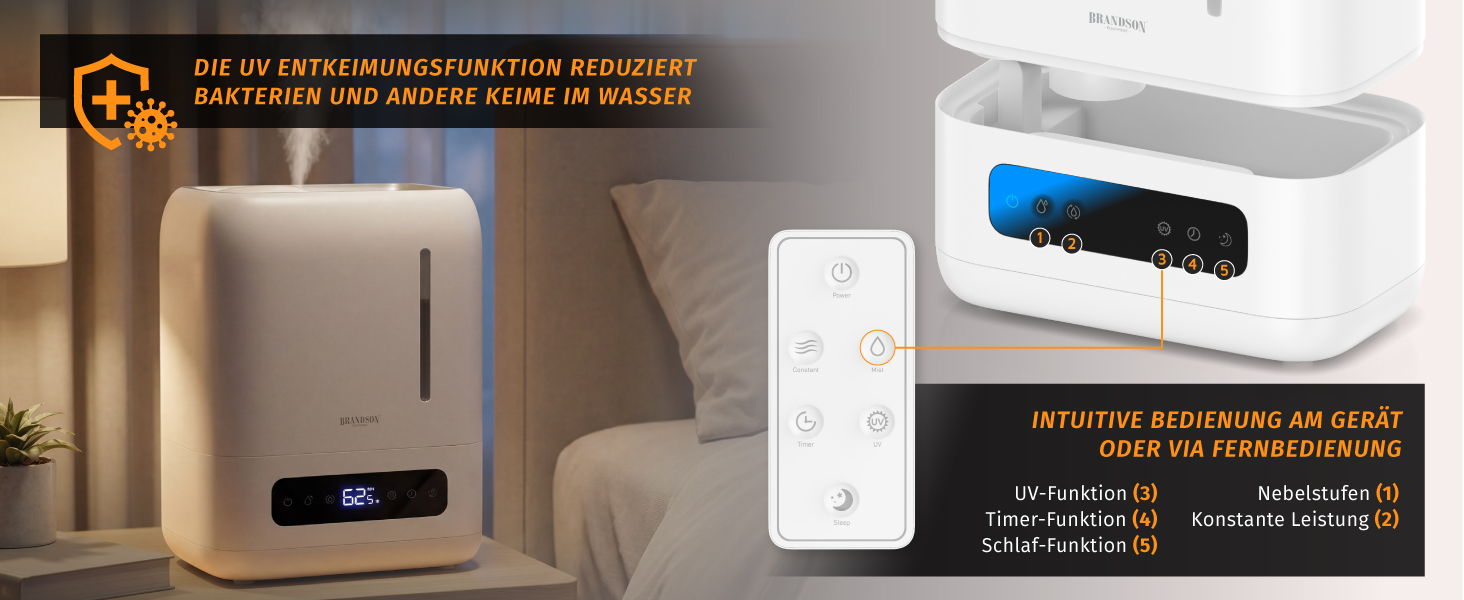 Зволожувач повітря Brandson 4 л з пульт дистанційного керування, ультразвуковий, LED-дисплей, 3 режими, аромадифузор, функція дезінфекції, нічний режим, для спальні та дитячої кімнати