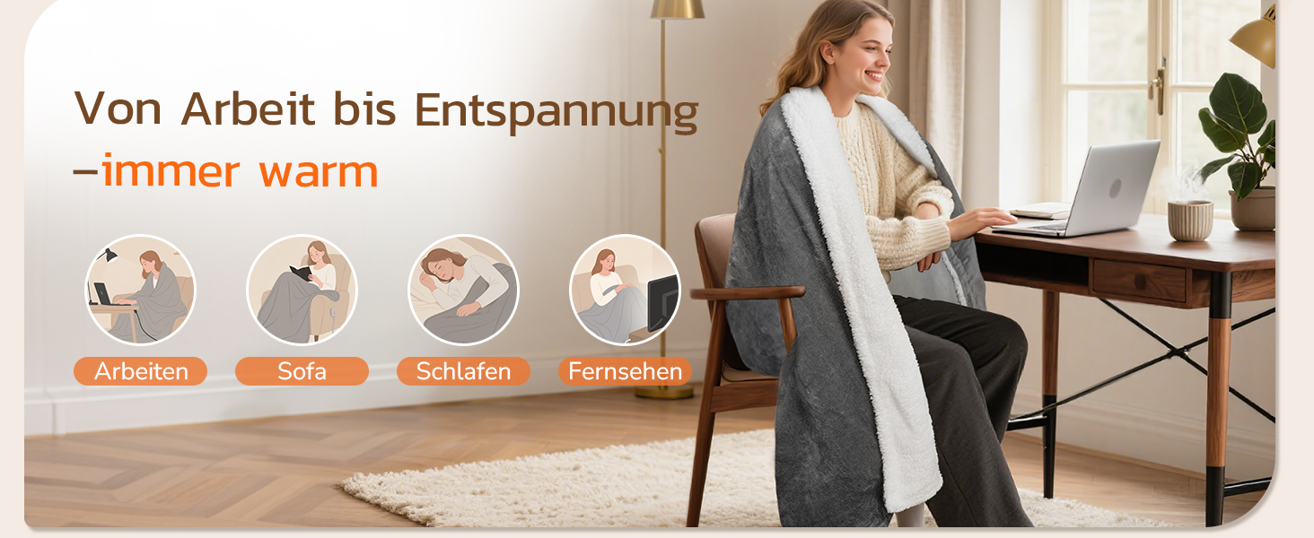 Електрична ковдра PRANITE 180x130 см з Sherpa та Flanell, 6 режимів нагріву, таймер 10 годин, автовимкнення, захист від перегріву, придатна для прання – сіра для ліжка та дивана