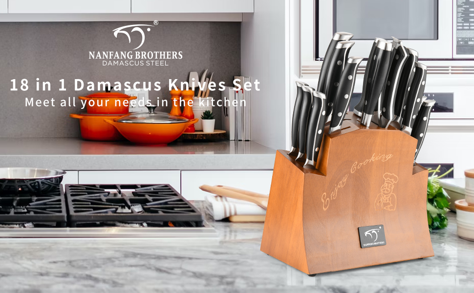Nanfang Brothers 18-Piece Damascus Kitchen Knife Set with Hammered Handles & Wood Block - Premium Quality Steel Blades