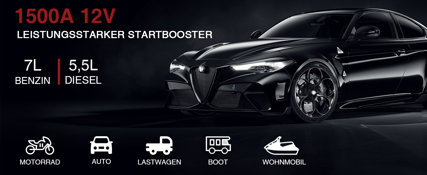 Powerbank для авто NEXPOW Starthilfe 1500A: стрибковий стартер з LED ліхтариком та USB, 12V для бензинових (7.0L) та дизельних (5.5L) двигунів