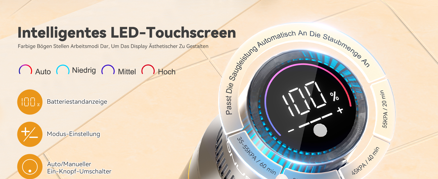 Бездротовий пилосос Aonus 55Kpa 580W з дисплеєм, час роботи до 75 хв, автоматичний режим, для килимів, шерсті тварин та твердих поверхонь, золотий