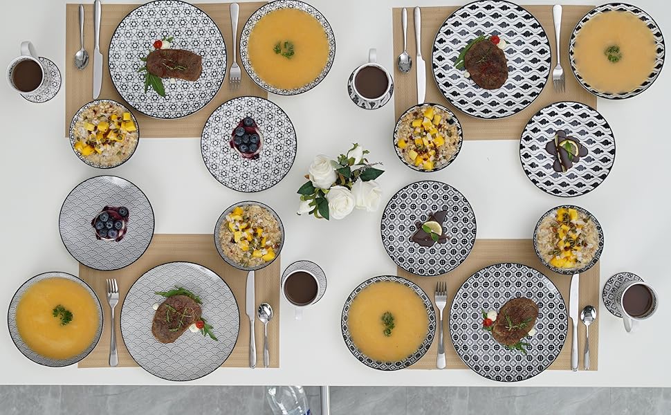 Набір посуду Vancasso Haruka на 40 предметів: сервіз з порцеляни для 8 осіб (чорний + кремовий) - тарілки, чашки, миски