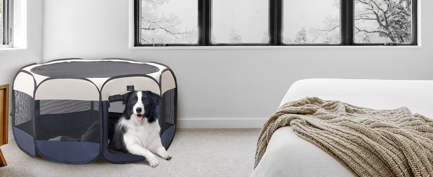 Клітка-вигул для цуценят та котів 4 Pet, складана, для дому та вулиці, з мискою, блакитно-біла