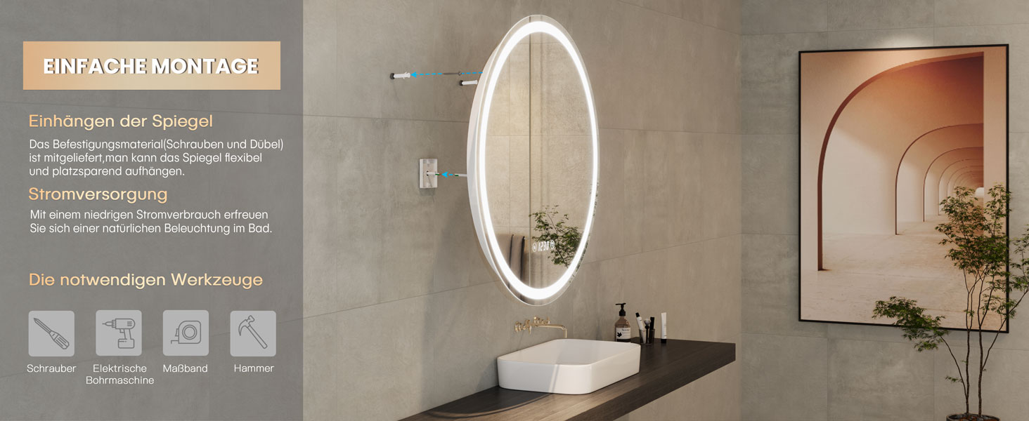 Дзеркало для ванної кімнати Dripex круглої форми з підсвічуванням LED, сенсорне керування, регулювання яскравості, 3 кольори світла, запобігання запотіванню, 60x60 см