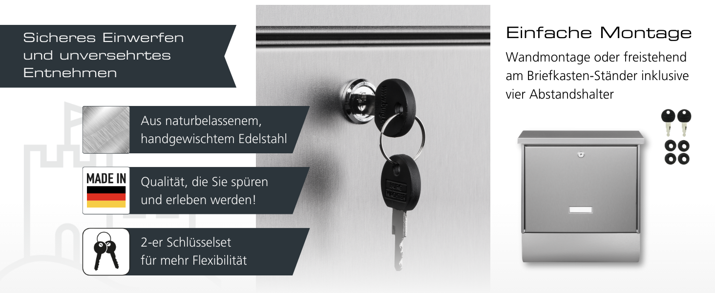 Поштова скринька Burg-Wächter з газетницею та табличкою для імені, нержавіюча сталь, формат DIN C4, 2 ключі, AMZ 2500 NI