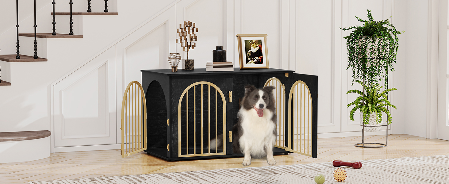 Клітка для собак Hzuaneri, 100 см, з 3 дверцятами, сучасний дизайн, для дому, чорне золото, DFC84101B