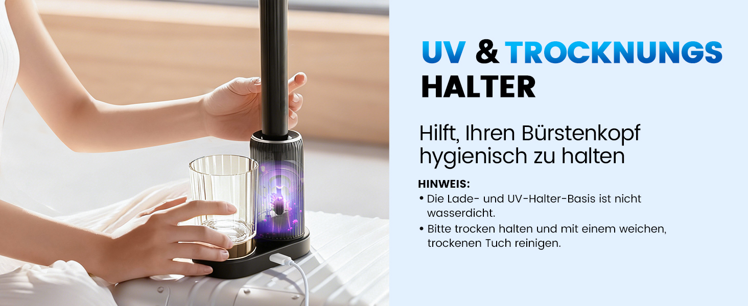 Електрична звукова зубна щітка JTF з УФ-дезінфекцією та сушінням, бездротова зарядка, 5 режимів чищення, 6 насадок, стаканчик для полоскання, акумуляторна для дому та подорожей (Чорна)