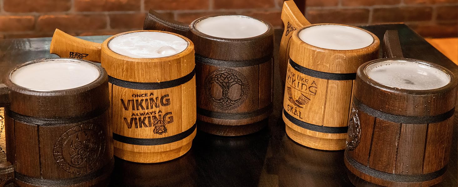 Діжка TESLYAR Вікінг 0.6 л з дуба - середньовічна діжка для пива, кружка, кухоль з гравіюванням молота Тора, руни. Ідеальний подарунок для чоловіків, дерев'яний кухоль.