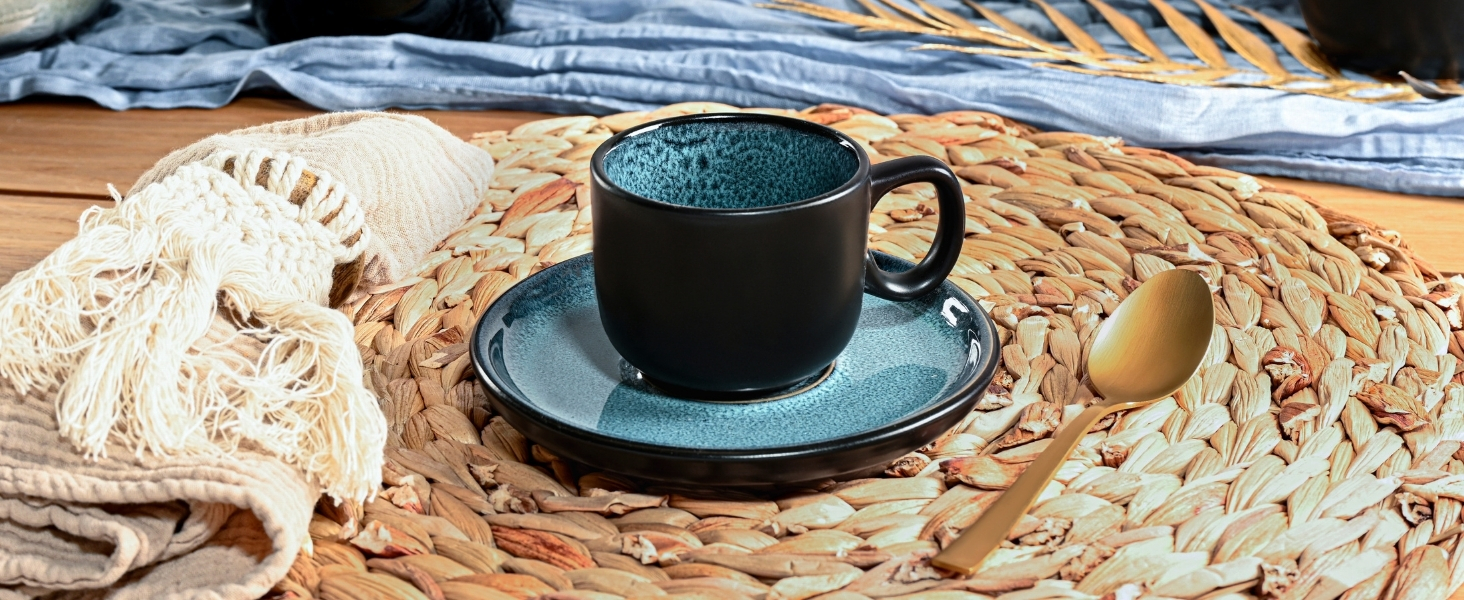 Набір посуду SÄNGER Vigo (18 предметів) | Керамічний набір посуду на 6 осіб | Тарілки, миски, десертні тарілки | Bluе з чорним бордюром, стійкий до подряпин