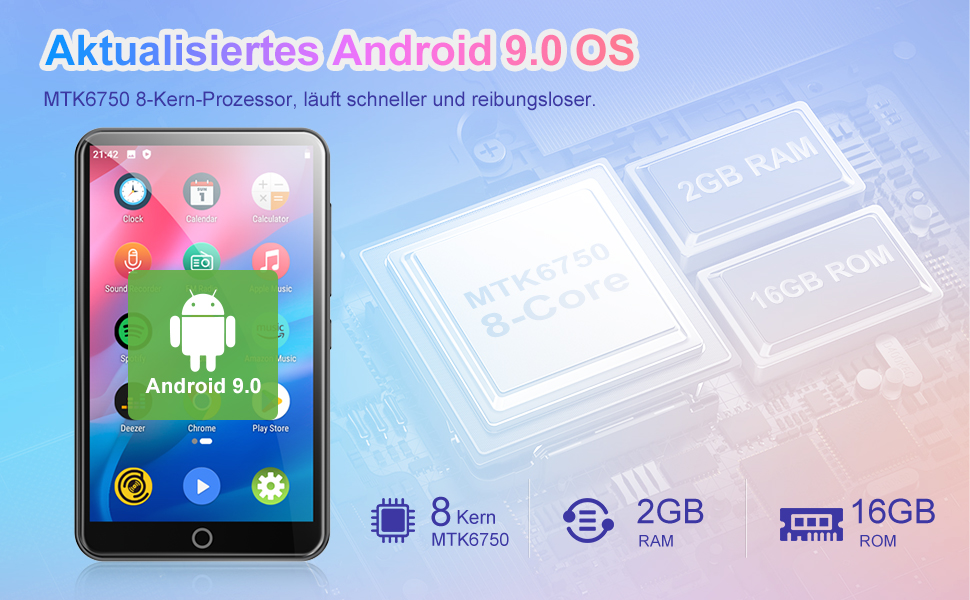 MP3 плеєр MECHEN на Android 9.0 з Wi-Fi та Bluetooth, 4-дюймовий сенсорний екран, підтримка Spotify, Amazon Music, Audible, Радіо, сірий