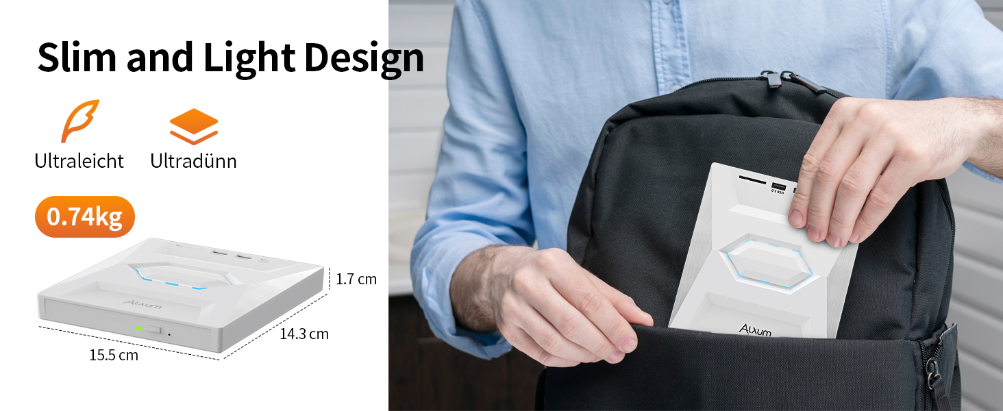 Зовнішній CD/DVD привід Alxum USB 3.0 з картридером SD/TF та додатковим USB-портом, білий