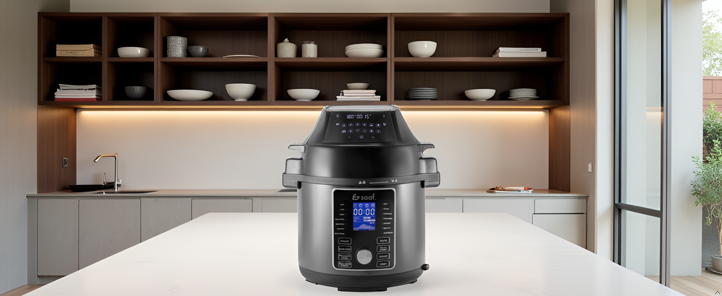Мультиварка Saaf з Airfryer – 15-ти частинний набір, 24 програми – мультиварка, рисоварка, пароварка, сковорода-каструля – 6л – з корзиною, каструлею та кулінарною книгою – цифровий дисплей