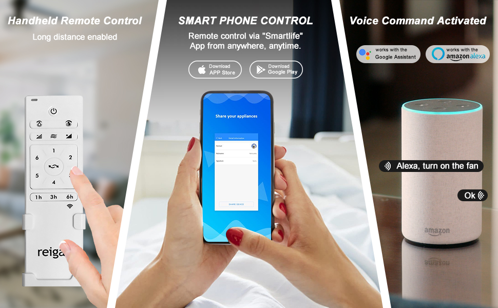 Стелянка вентилятор Reiga з дерева, 165 см, DC-двигун, керування пультом та Smart Home, 6 швидкостей, колір коричневий, для приміщень/зовнішнього використання, 3 лопаті, без освітлення