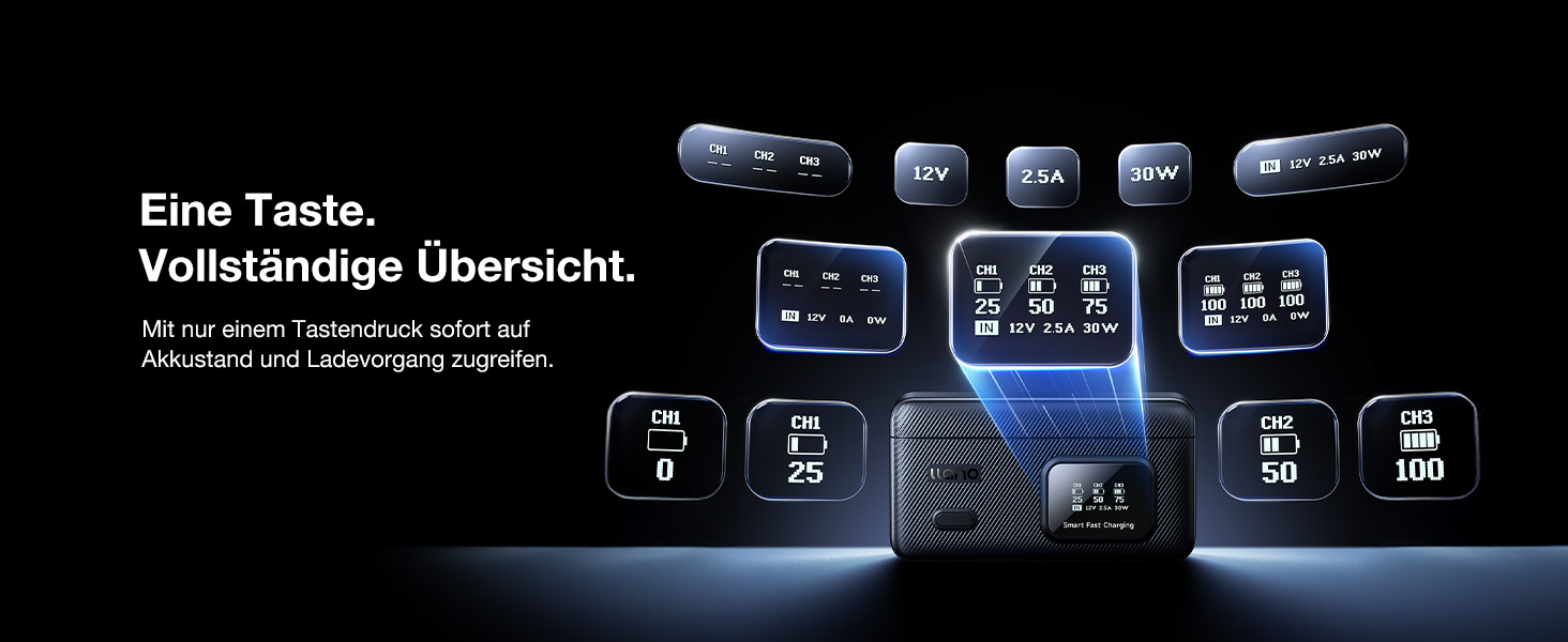 Зарядний пристрій LLANO AC3 30W з 3 акумуляторами 1950mAh для DJI Osmo Action 6/5 Pro/4/3 & Osmo 360, трьохпортовий, PD-зарядка, LED-дисплей, портативний кейс