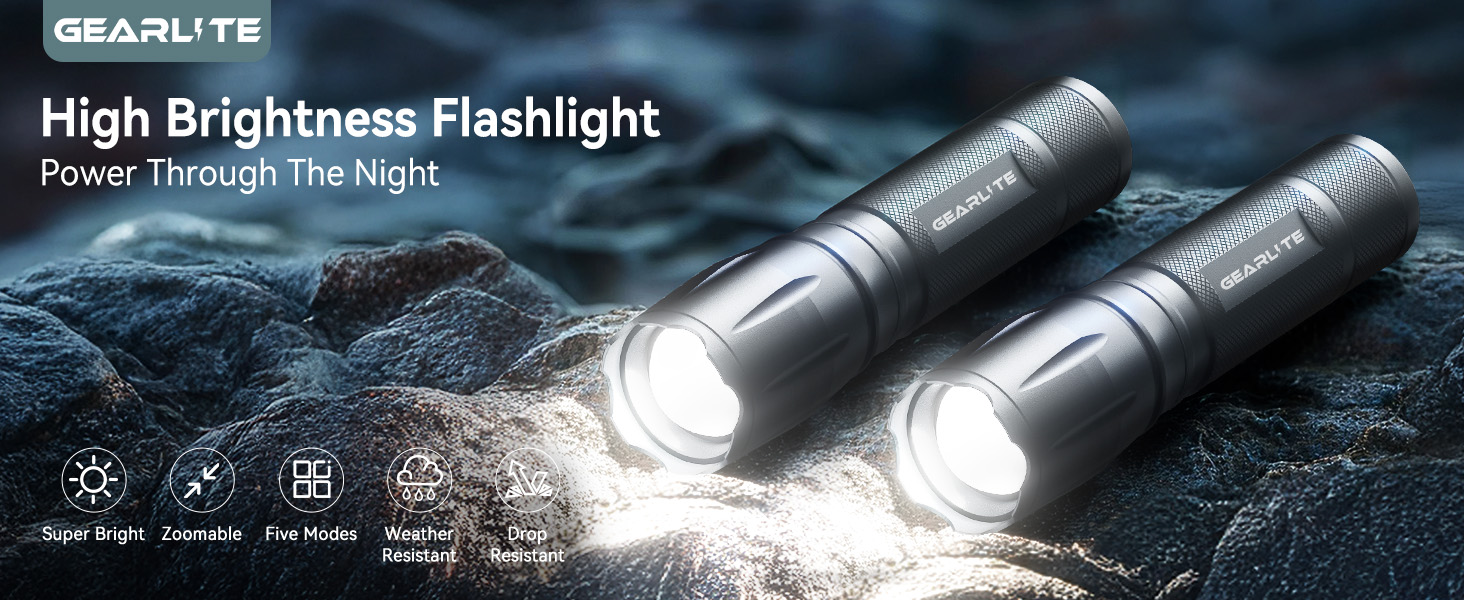 LED ліхтарик Gearlite 2 шт., 2000 люмен, 5 режимів, водонепроникний IP65, для кемпінгу, туризму, дітей, невідкладних ситуацій (сірий)