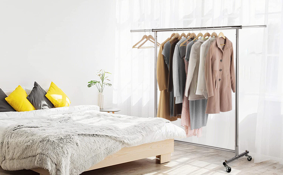 VOWNER Clothes Rack, Clothes Rail, Coat Rack, Rolling Garment Rack, Adjustable Height and Extendable, Adjustable Clothes Rod, (90-132) x 40 x (113-170) cm, Chrome-plated Metal