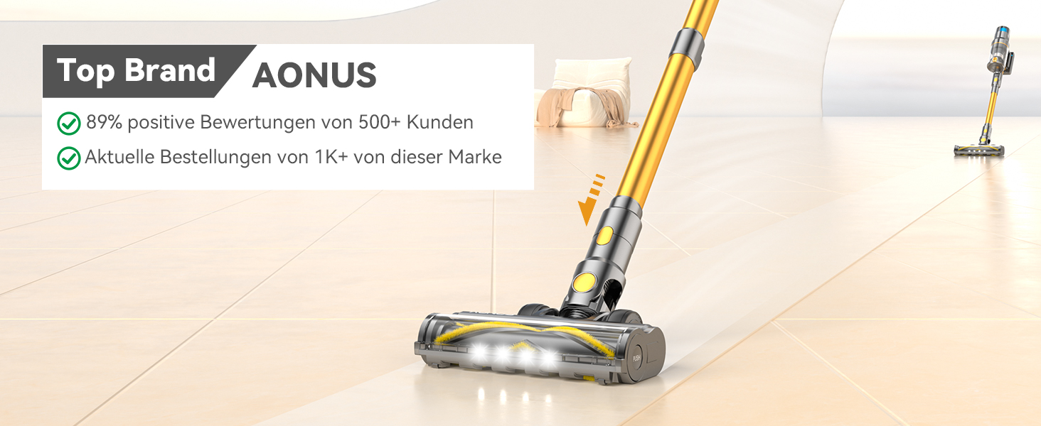 Бездротовий пилосос Aonus 55Kpa 580W з дисплеєм, час роботи до 75 хв, автоматичний режим, для килимів, шерсті тварин та твердих поверхонь, золотий