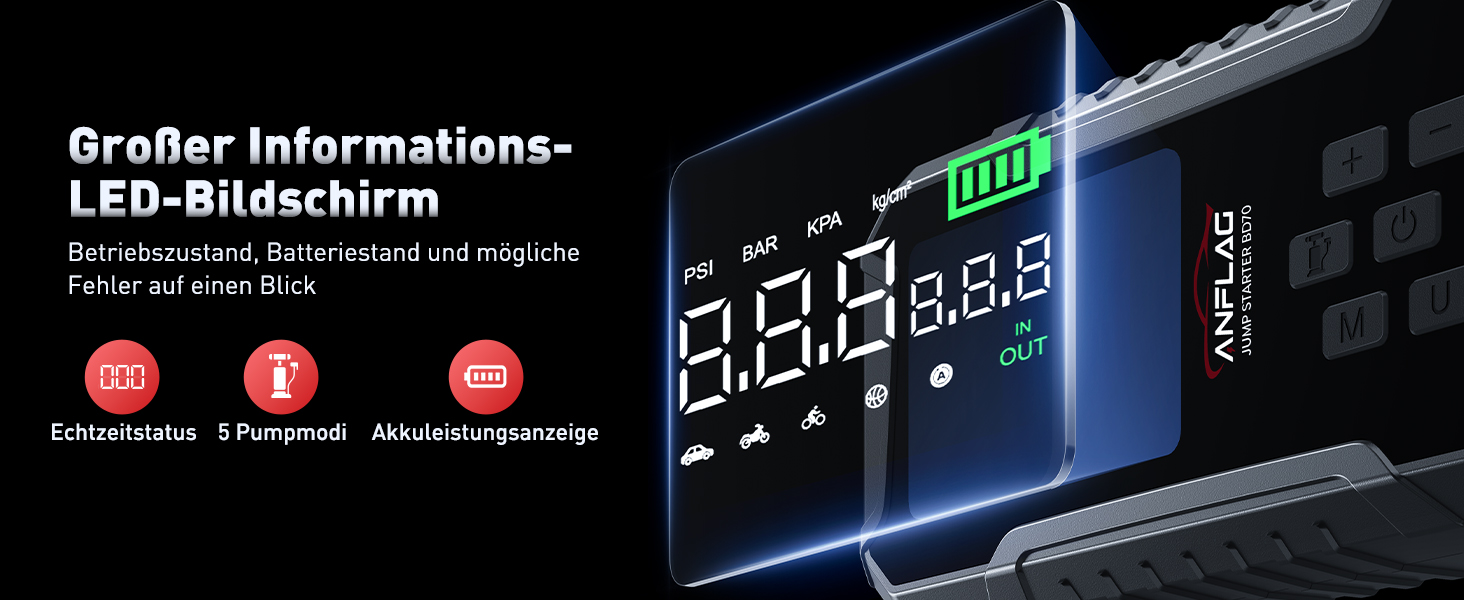 Портативний пусковий пристрій ANFLAG 7000A з компресором та LED-ліхтариком, 26800mAh, для бензинових та дизельних двигунів (до 12.0L)