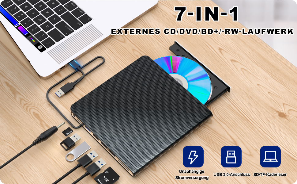 Зовнішній Blu-ray привід USB 3.0 та Type-C, портативний BD/DVD плеєр та рекордер для Windows та MacOS, чорний