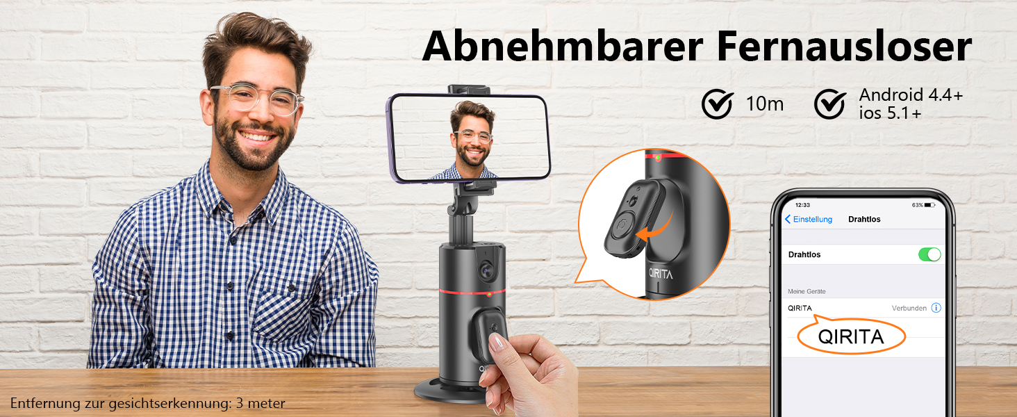 Автоматичне штатив для розпізнавання облич, без додатків, розумна підставка для телефону з пультом дистанційного керування, обертається на 360°, тримач для камери/смартфона, штатив для Vlogs/TikTok (Чорний з магнітом)