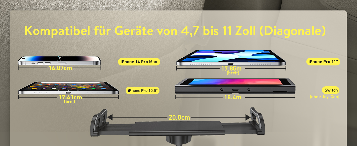 Тримач для планшету TRYONE в авто - кріплення на підголівник, висувний, для iPad, iPhone, Samsung Galaxy Tab, Kindle Fire HD, Switch, 4.7-11 дюймів, чорний