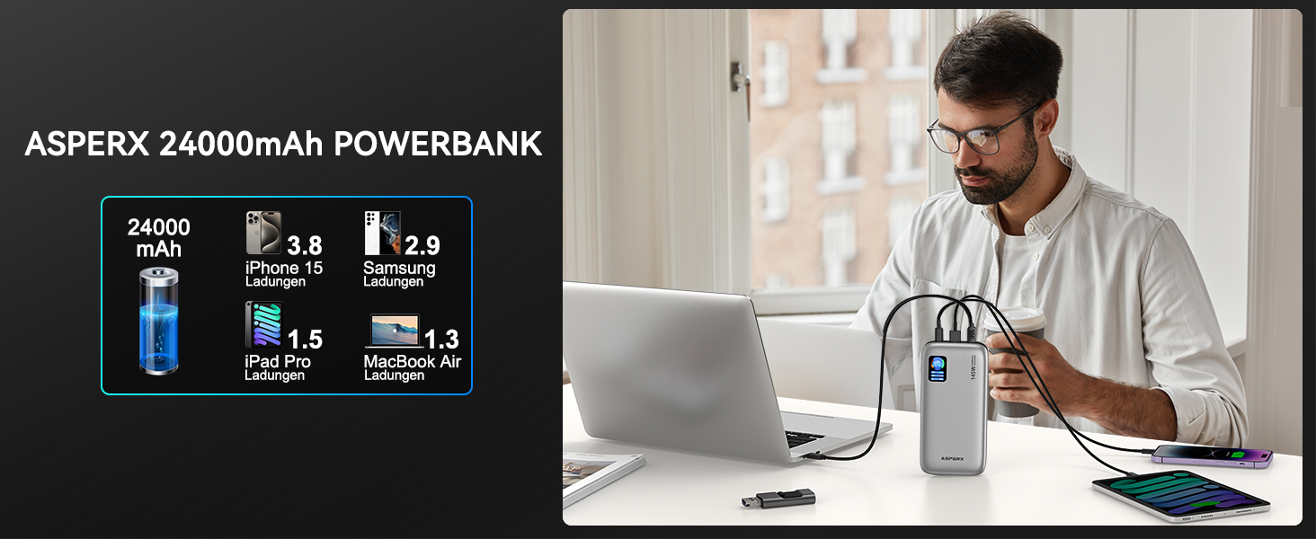 Power Bank AsperX 100W 24000mAh з LED-дисплеєм для ноутбуків, телефонів (iPhone 16/15/14 Pro), MacBook, iPad, Tablet, Steam Deck (сірий)